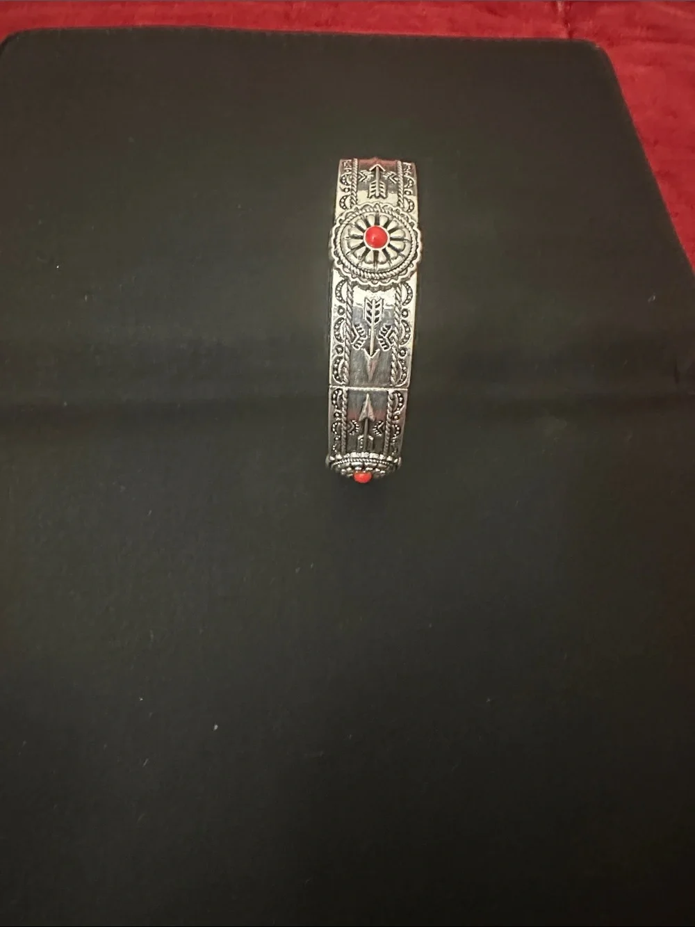 Silver Filigree Bangle Bracelet with Red Accent